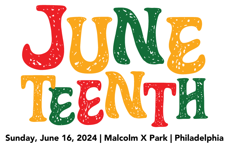 The image features bold, colorful text celebrating Juneteenth. The word "JUNETEENTH" is prominently displayed in large, playful letters, each in a different color: red, yellow, and green. Below this, in a smaller, clear font, it reads: "Sunday, June 16, 2024 | Malcolm X Park | Philadelphia." The festive design and vibrant colors reflect the joyous and significant nature of the Juneteenth celebration.